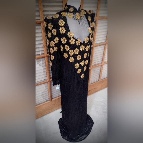 Brand New Hand Beaded Gown, Black and Gold, by Fleur de Paris, New Orleans - Picture 6 of 16